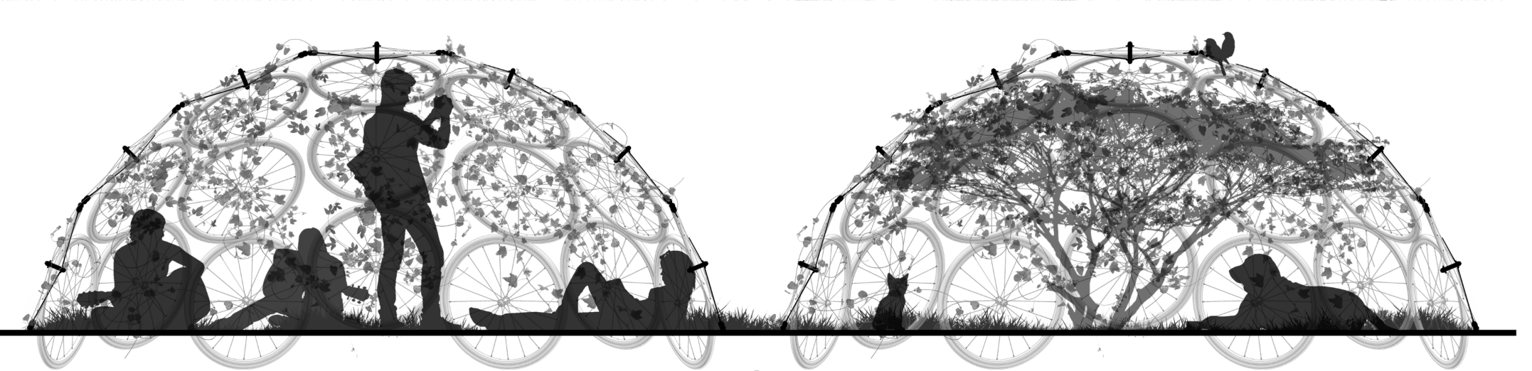 Interactive Planting Structure: Community-friendly design integrating greenery with recycled bicycle parts.