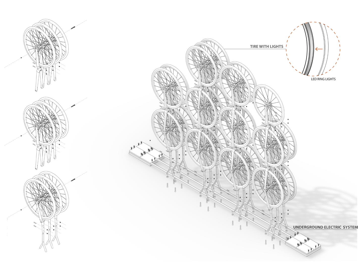 Interactive Bicycle Sculpture: Motion-activated lights from recycled bicycle wheels for public streets and walkways.
