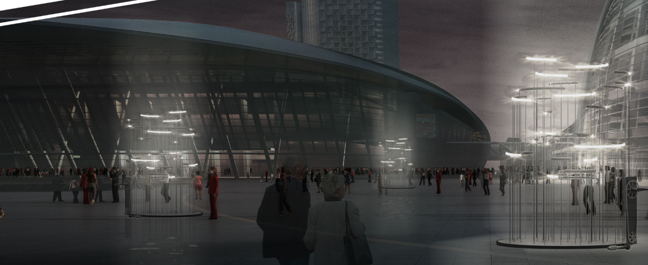 Interactive Lighting Sculpture: Solar-powered bicycle components create unique night-time landmarks in commercial plazas.