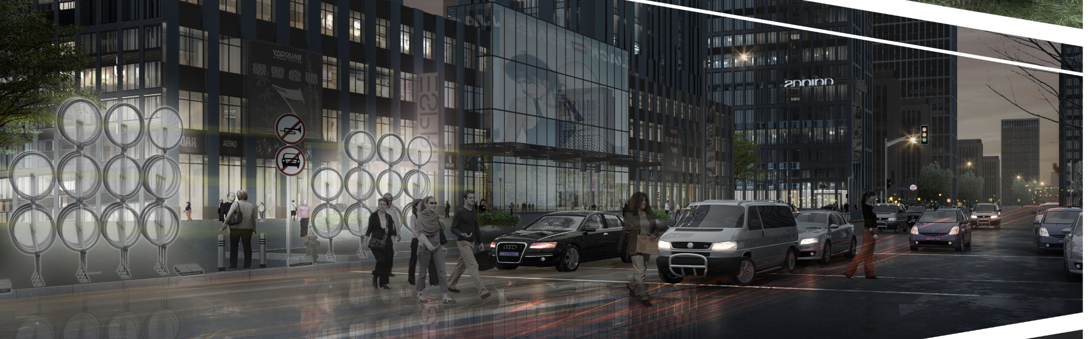 Street Lighting Installation: Repurposed bicycle wheels with LED lights enhance street visibility and safety.