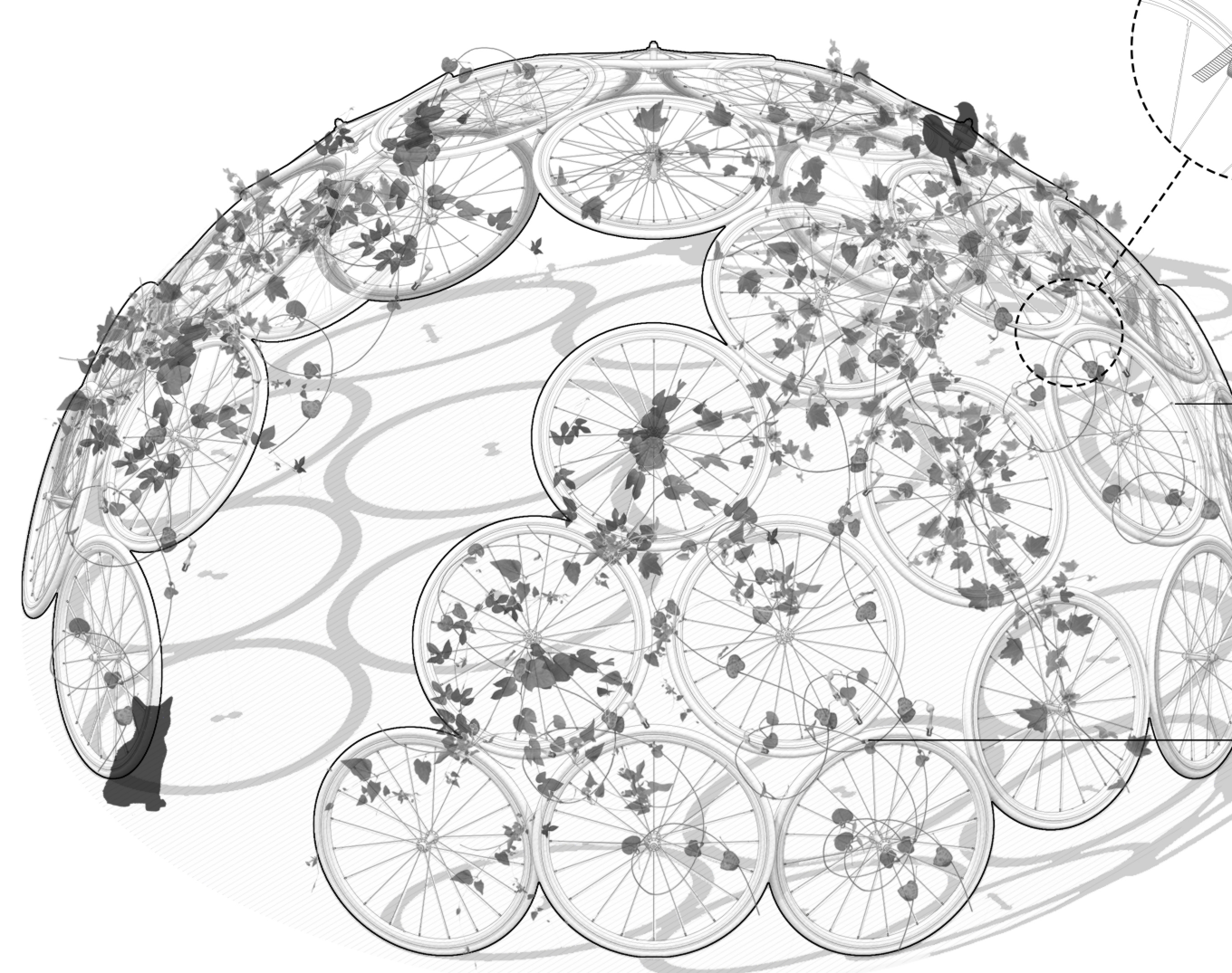 Planting Dome: A modular green space structure built entirely from abandoned bicycle wheels.