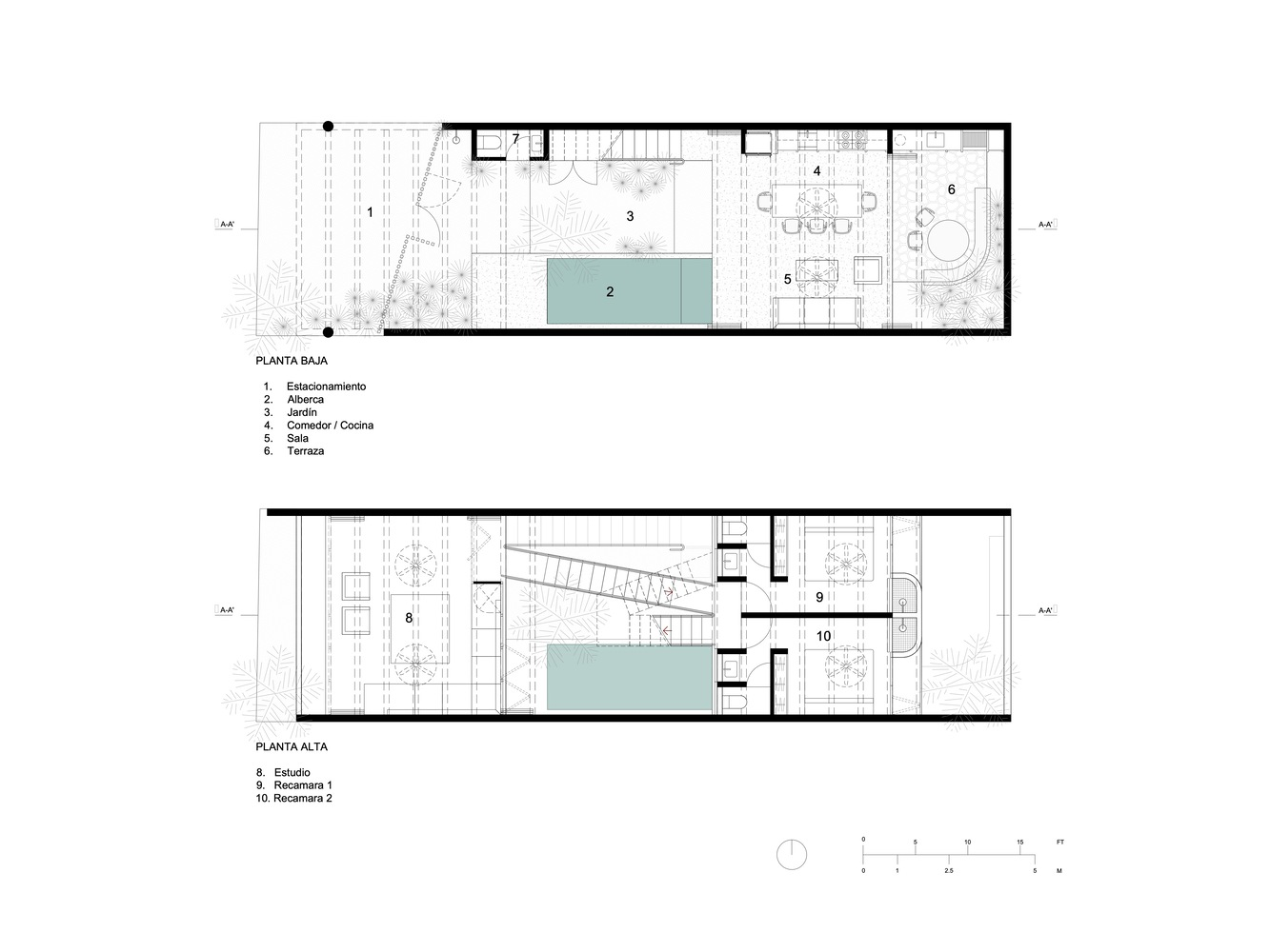Ground floor and upper floor plan drawings with central pools and flanking living spaces