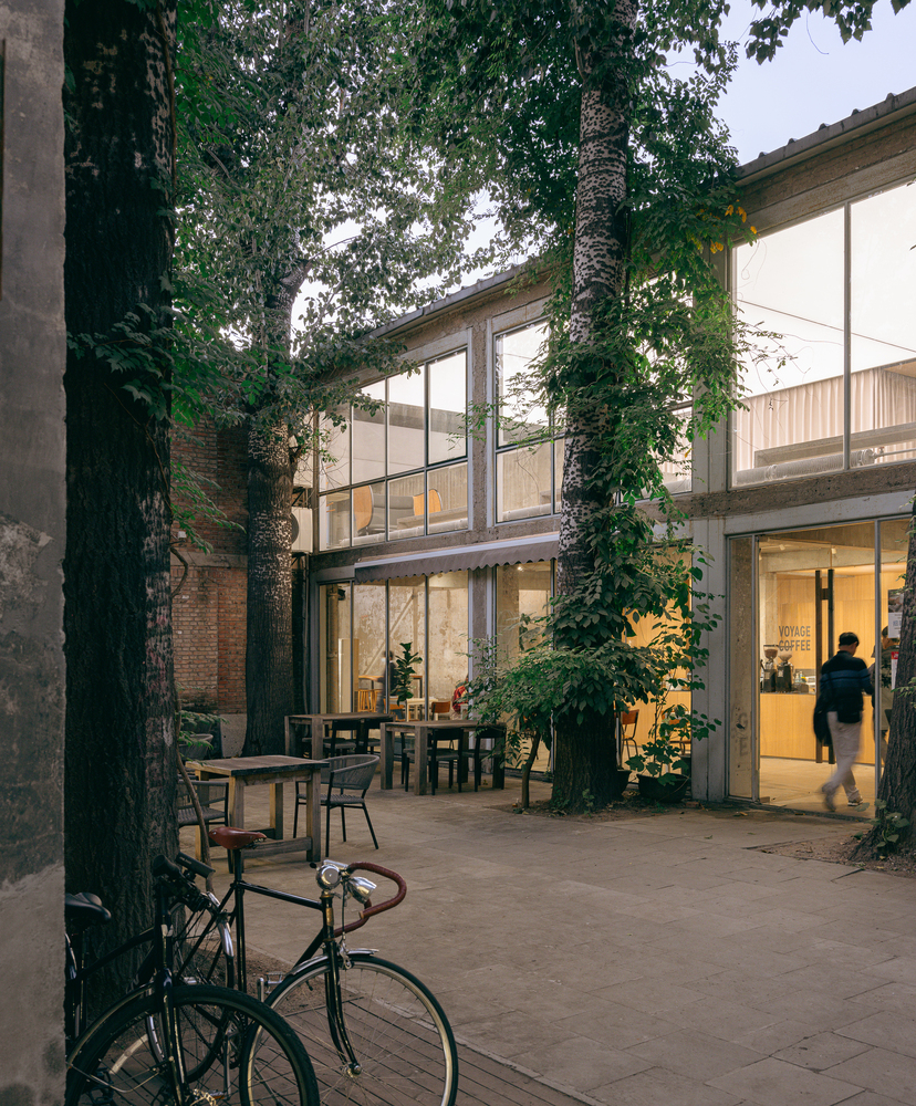 Glass-walled courtyard entrance surrounded by mature trees with a bicycle parked in the foreground