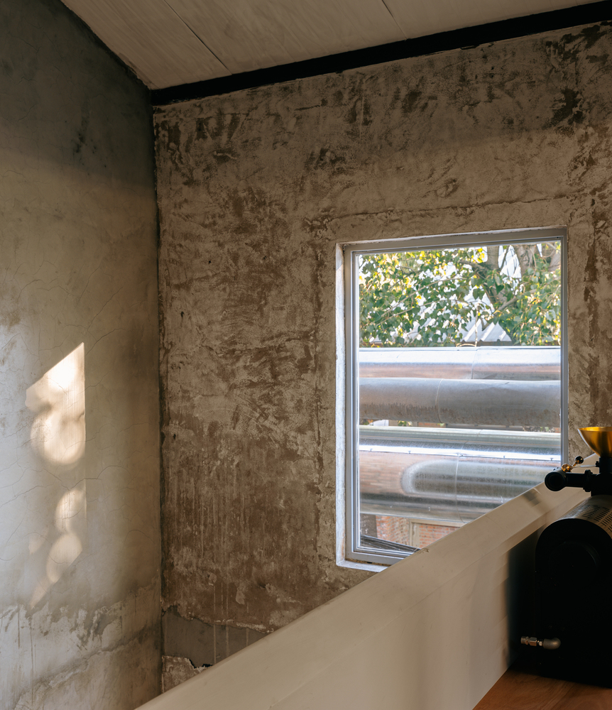 Corner window with raw plaster walls catching afternoon sunlight from foliage outside