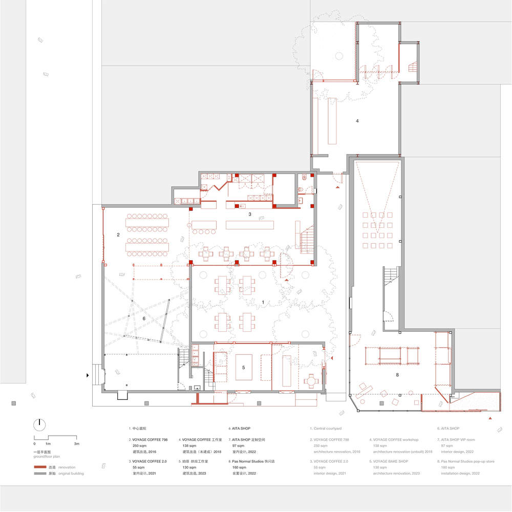 Floor plan drawing showing interconnected dining spaces and courtyard with structural grid highlighted