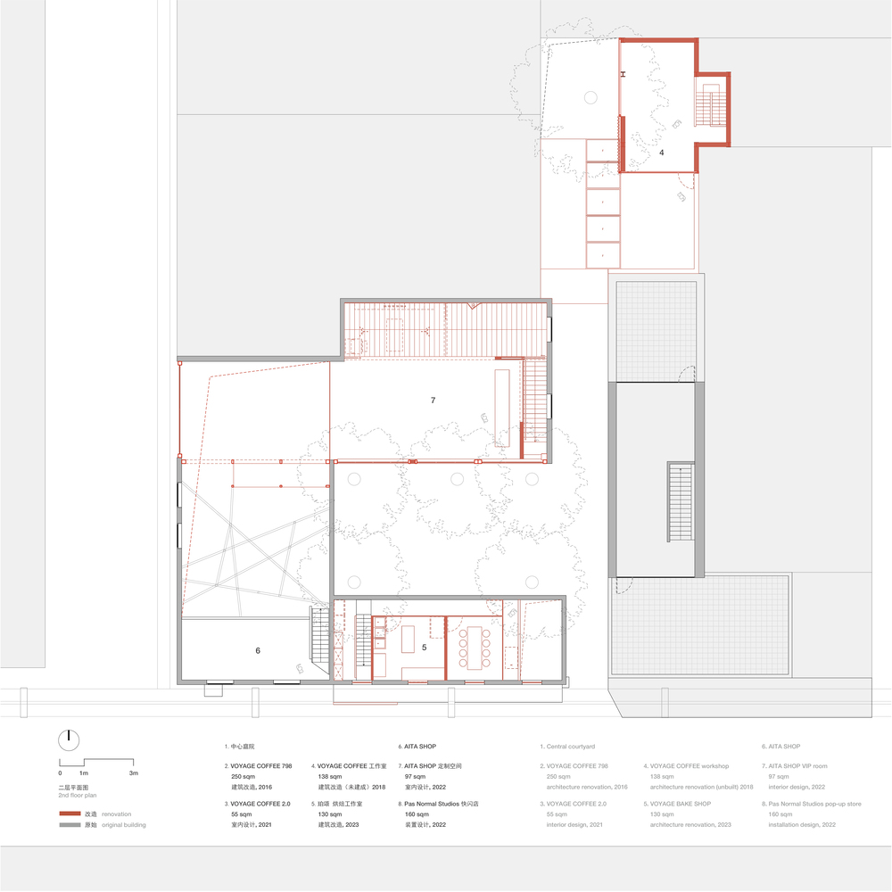 Floor plan drawing showing multiple volumes arranged around a central courtyard with trees