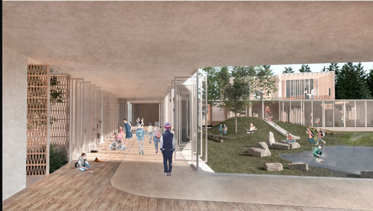 Covered walkway with concrete ceiling and timber screens opening onto a planted courtyard with children
