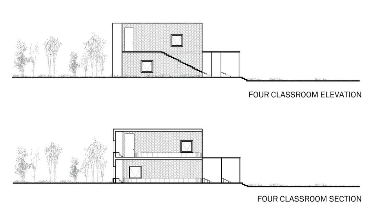 Elevation and section drawings showing the stepped classroom block with textured wall panels and trees