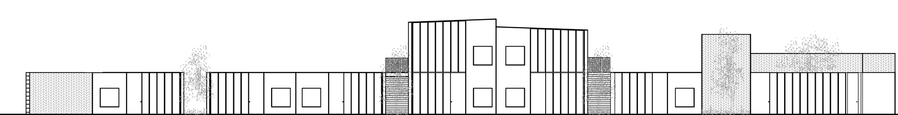 Elevation drawing showing a horizontal facade with vertical slatted sections and square window openings