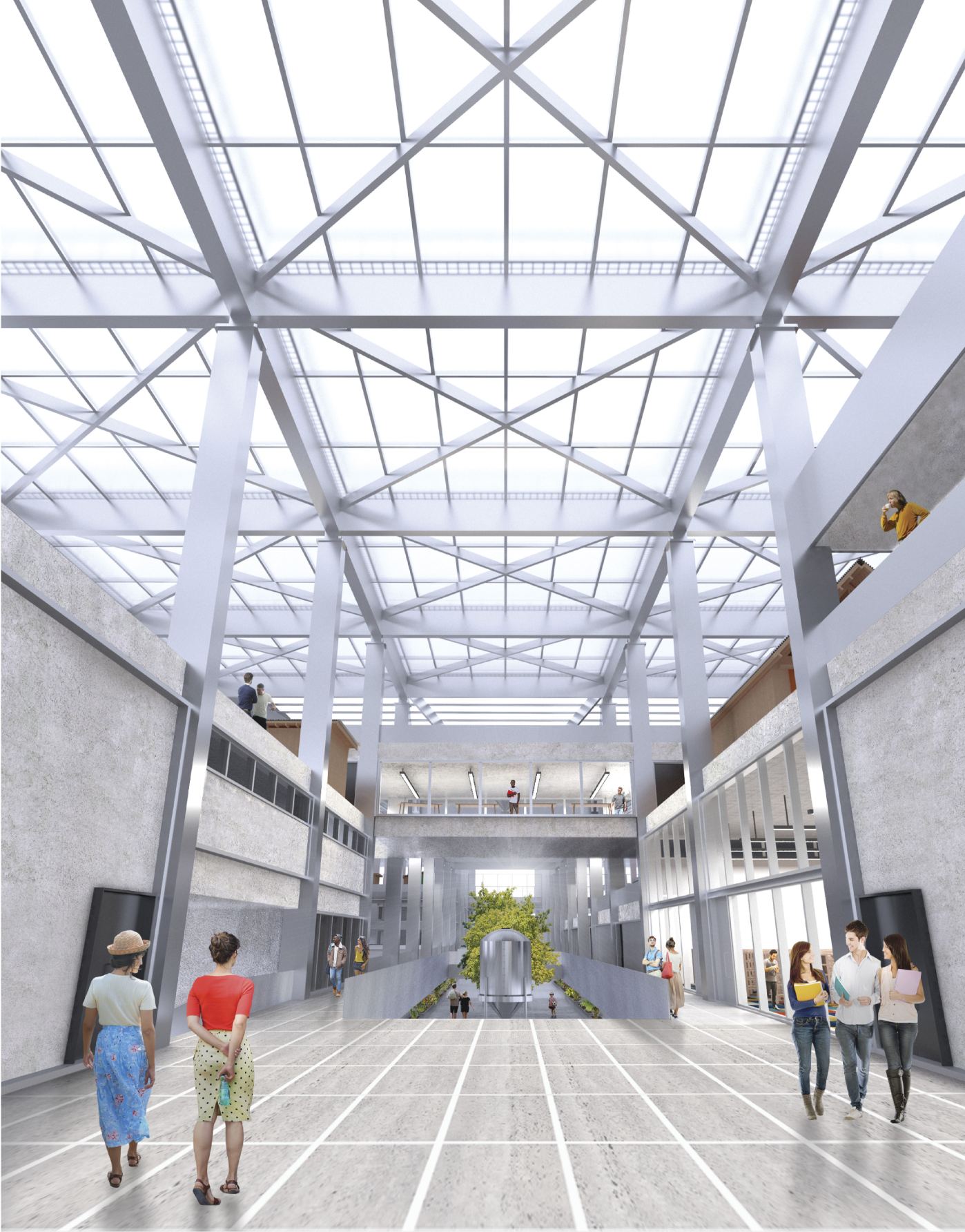 Interior atrium with white steel truss roof and visitors walking through the glazed central corridor