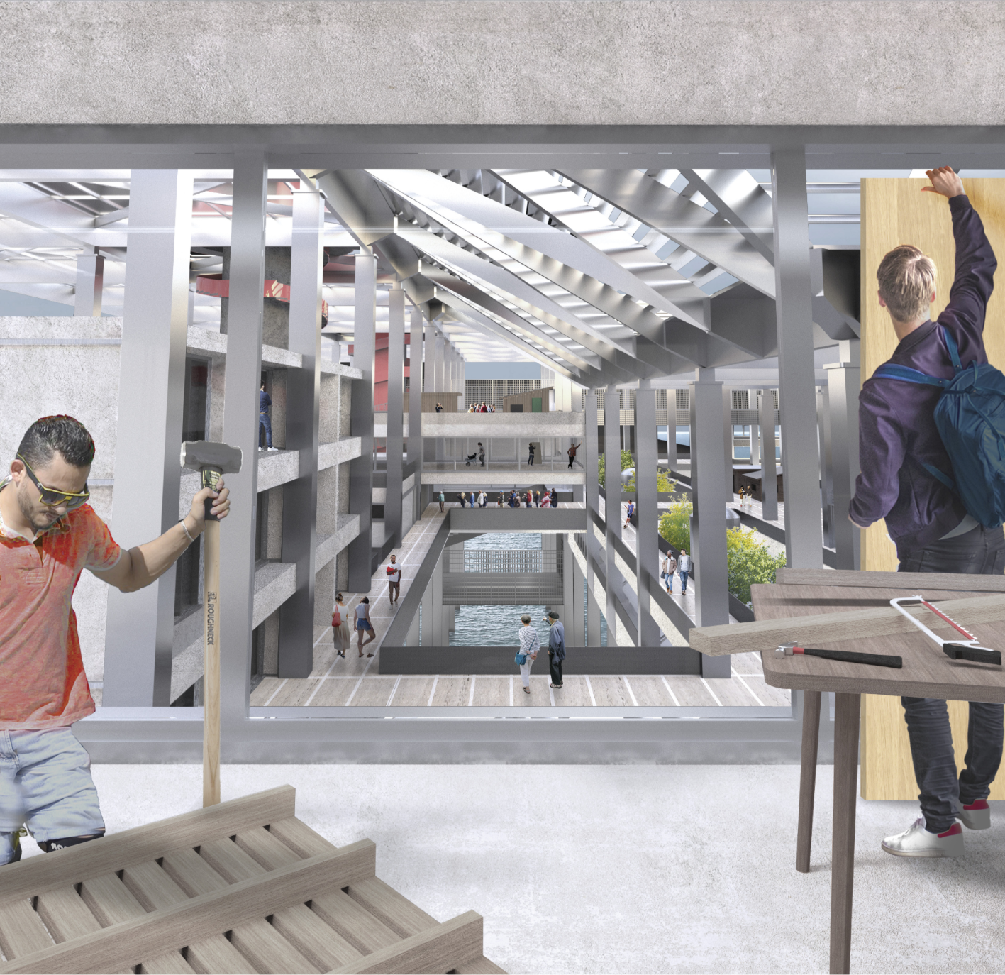 Multi-level interior courtyard with reflecting pool and visitors on timber platforms framed by concrete walls
