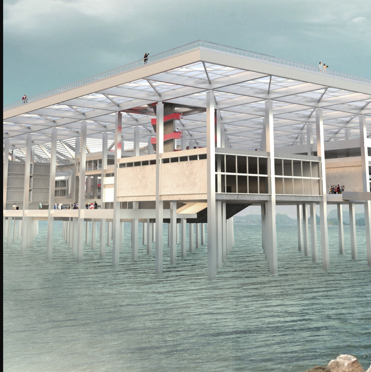 Waterfront elevation showing the white steel canopy structure supported on columns above the bay