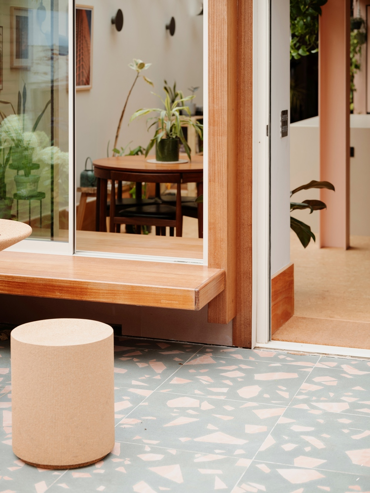 Threshold between interior and courtyard showing timber sliding door frame and terrazzo paving with hanging plants