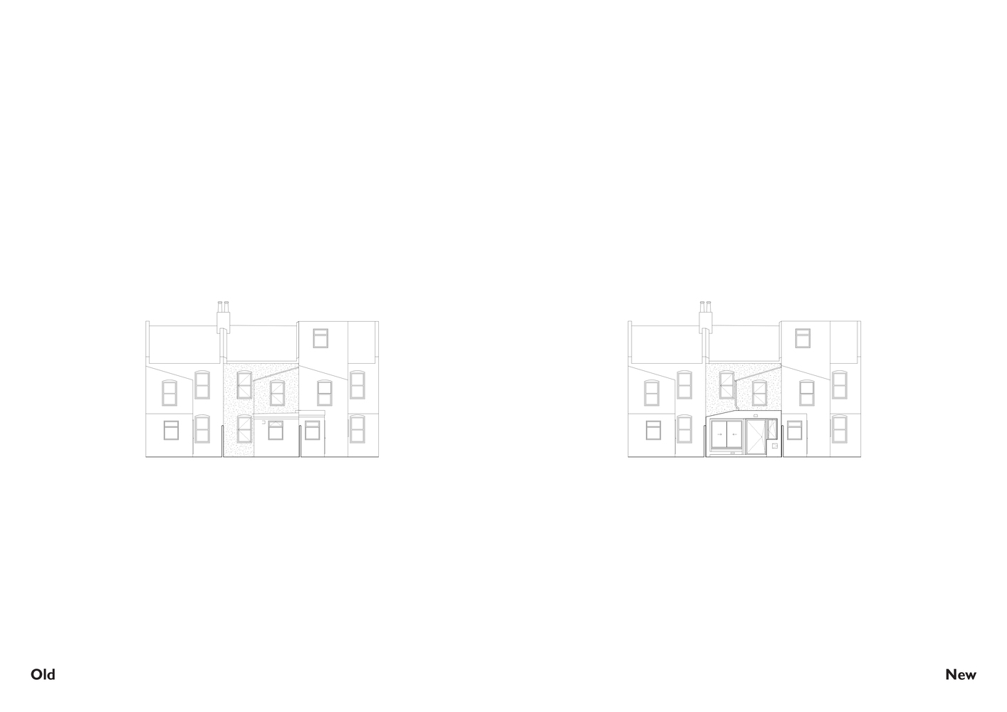 Rear elevation drawing comparison showing original facade and proposed glass projection at ground level