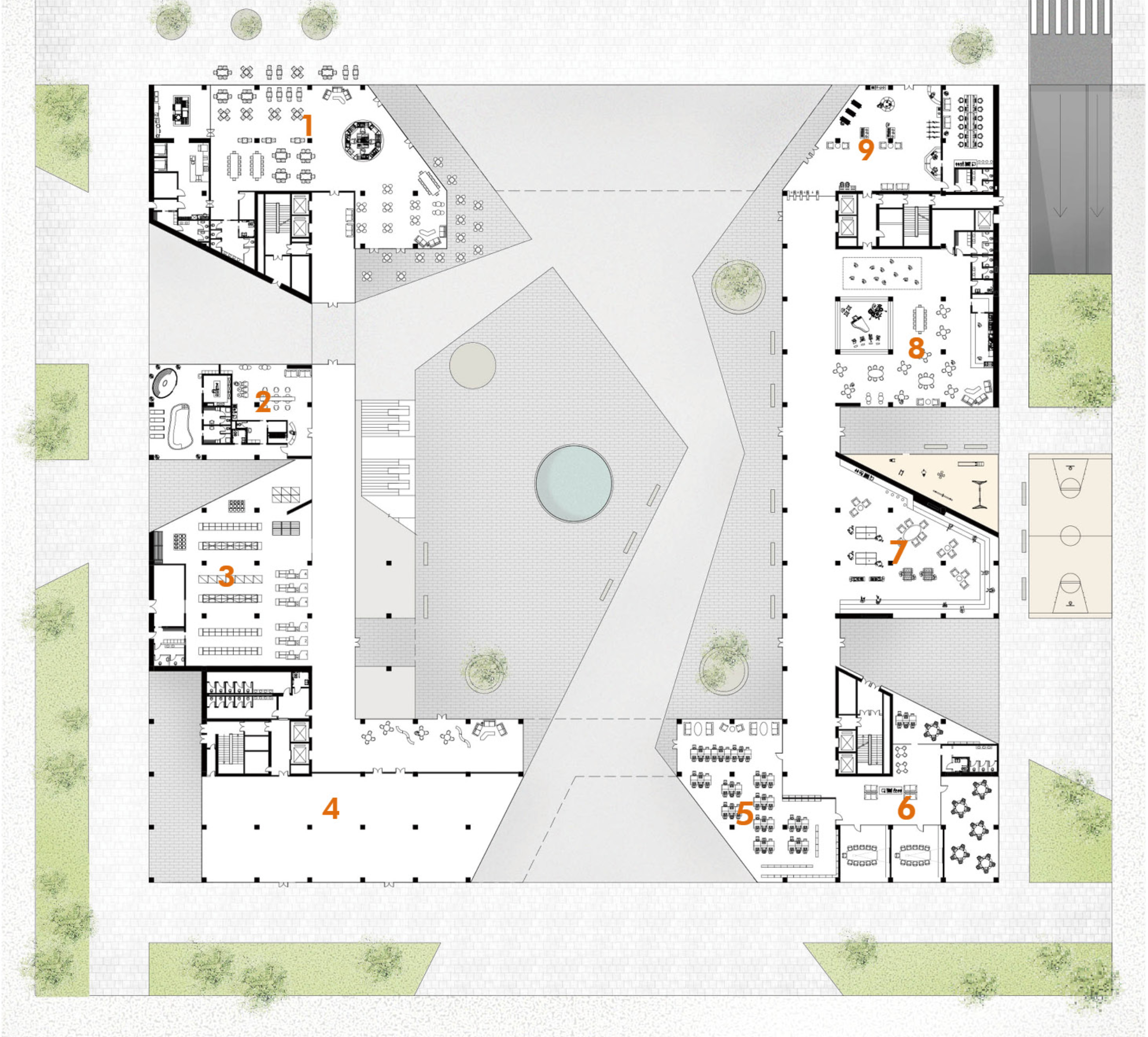  A comprehensive layout featuring culinary spaces, libraries, and co-working hubs to meet diverse user needs.