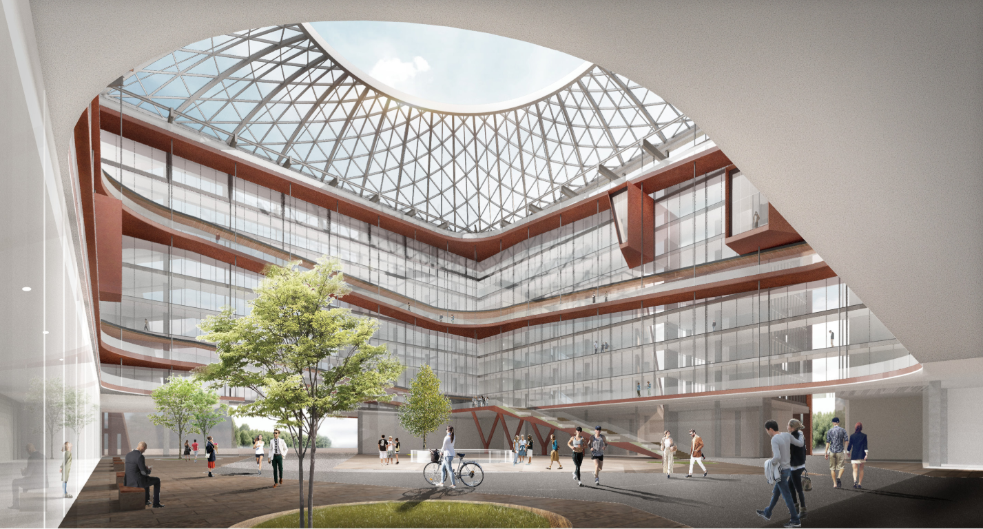 A dynamic and inviting communal space under a vaulted glass roof, fostering interaction and natural light.