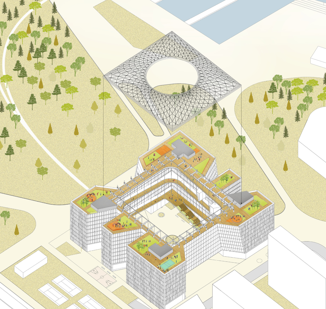 Green rooftop spaces for socializing and leisure, emphasizing sustainability and community interaction.