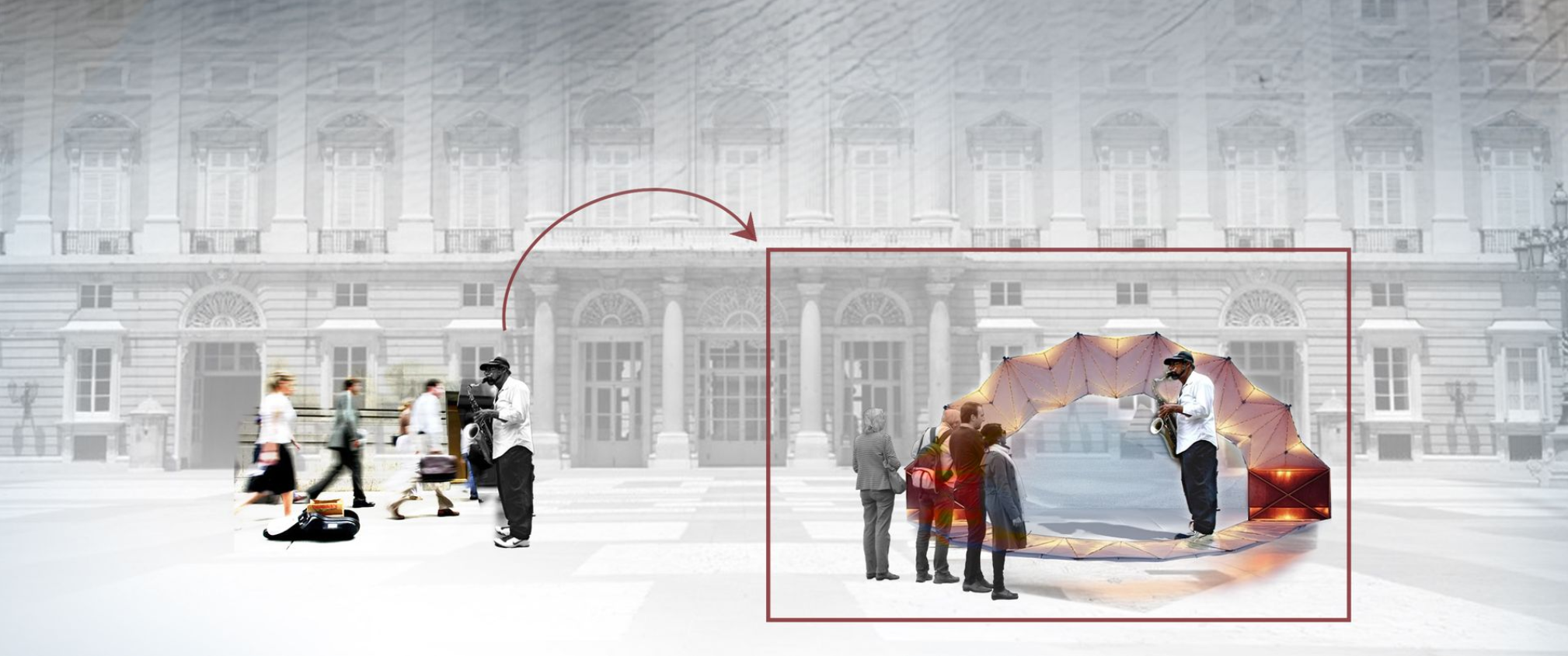 AeroStage creates an intimate performance space for a street musician, redefining urban art spaces with its adaptive design.