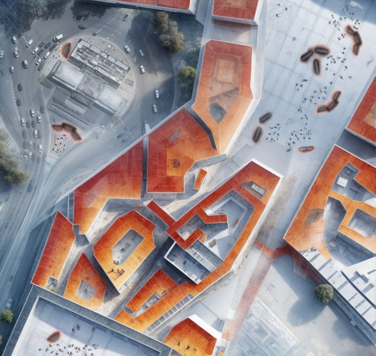 Aerial view highlighting multiple potential deployment sites for AeroStage across urban landscapes, emphasizing its versatility.