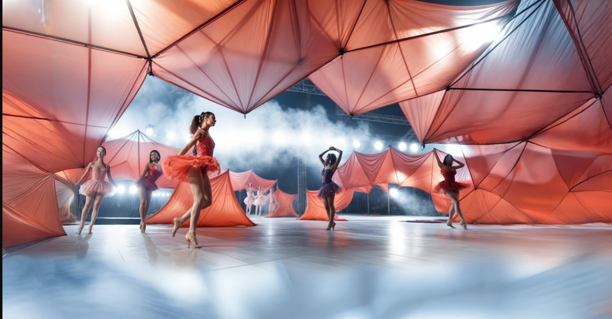 Dancers perform gracefully within the dynamic and illuminated structure of the AeroStage, showcasing its immersive capabilities.