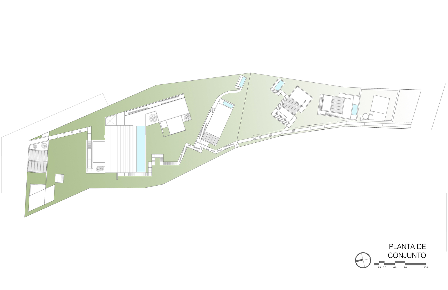 Site plan drawing showing multiple buildings arranged along a sloping coastal parcel with green zones