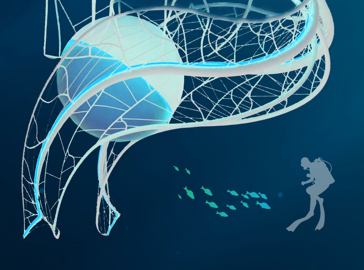 Wireframe rendering showing the curved lattice framework with a diver and school of fish