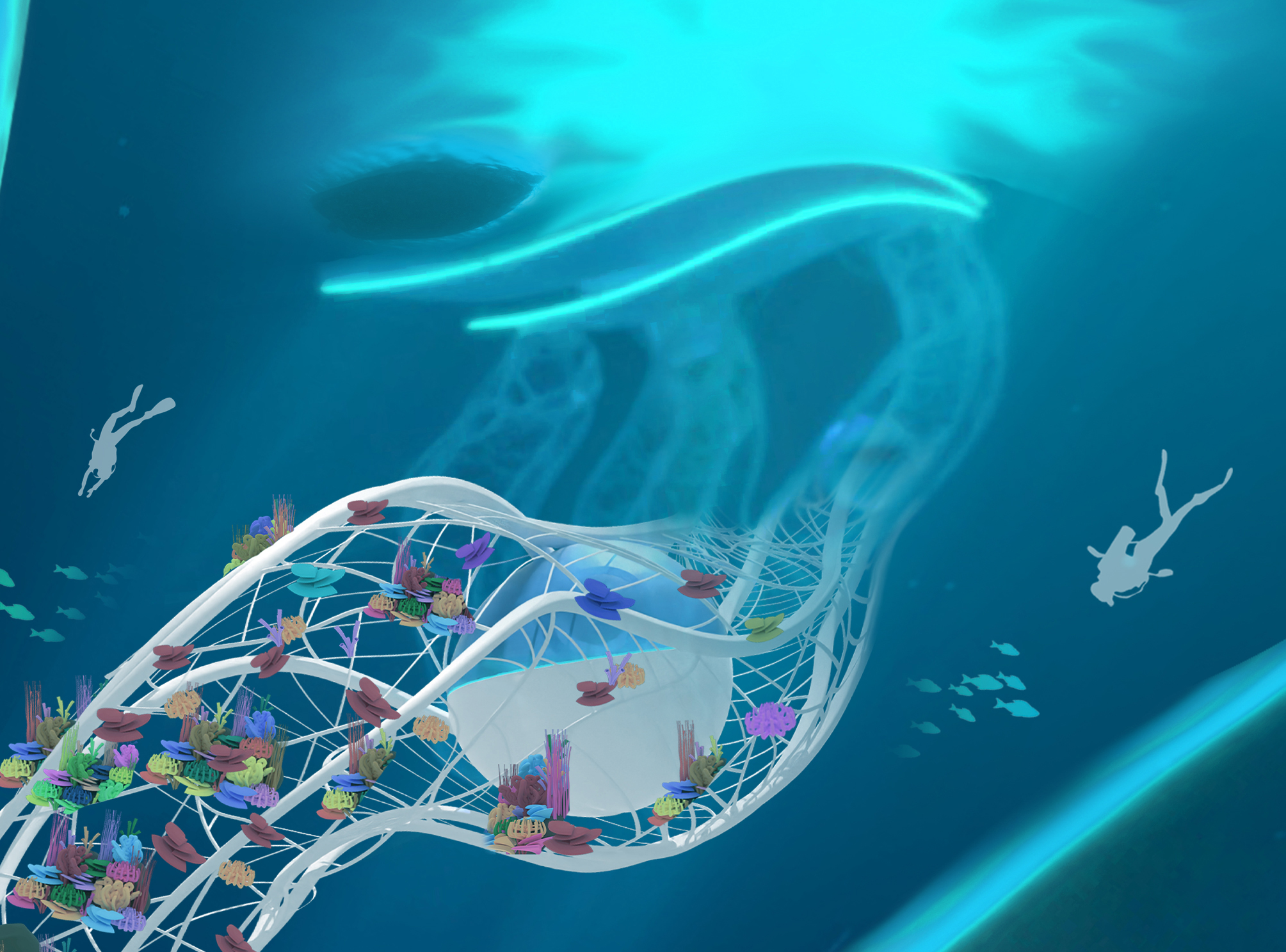 Underwater view of a mesh-enclosed habitat pod with planted coral gardens and divers nearby