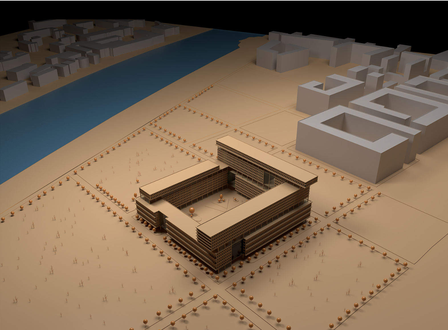 Aerial view highlighting the project's integration into the urban landscape.