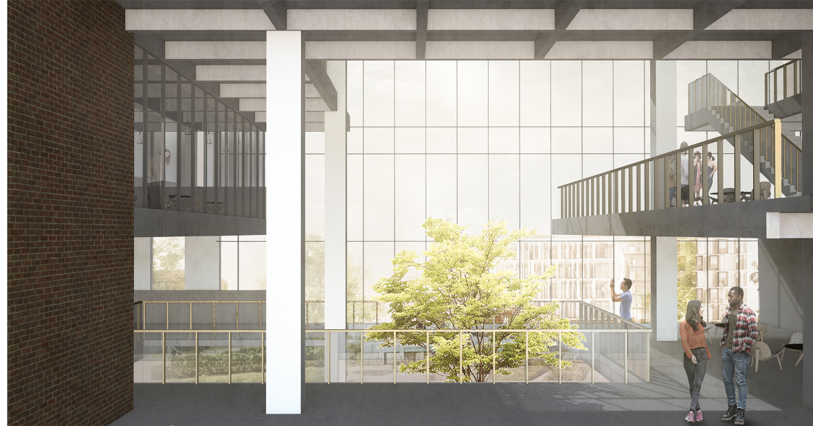 Interior view showcasing vibrant public spaces fostering community interaction.