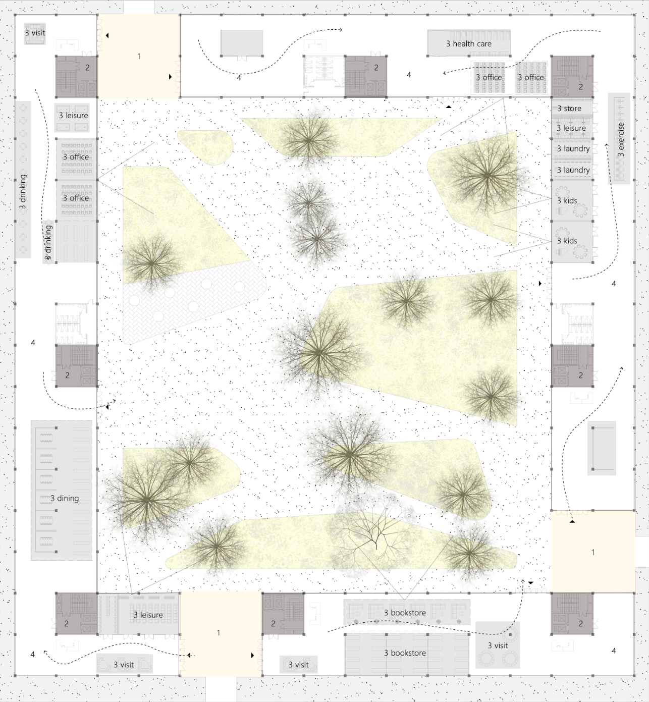 Elevation showcasing the balanced, multi-layered block structure.