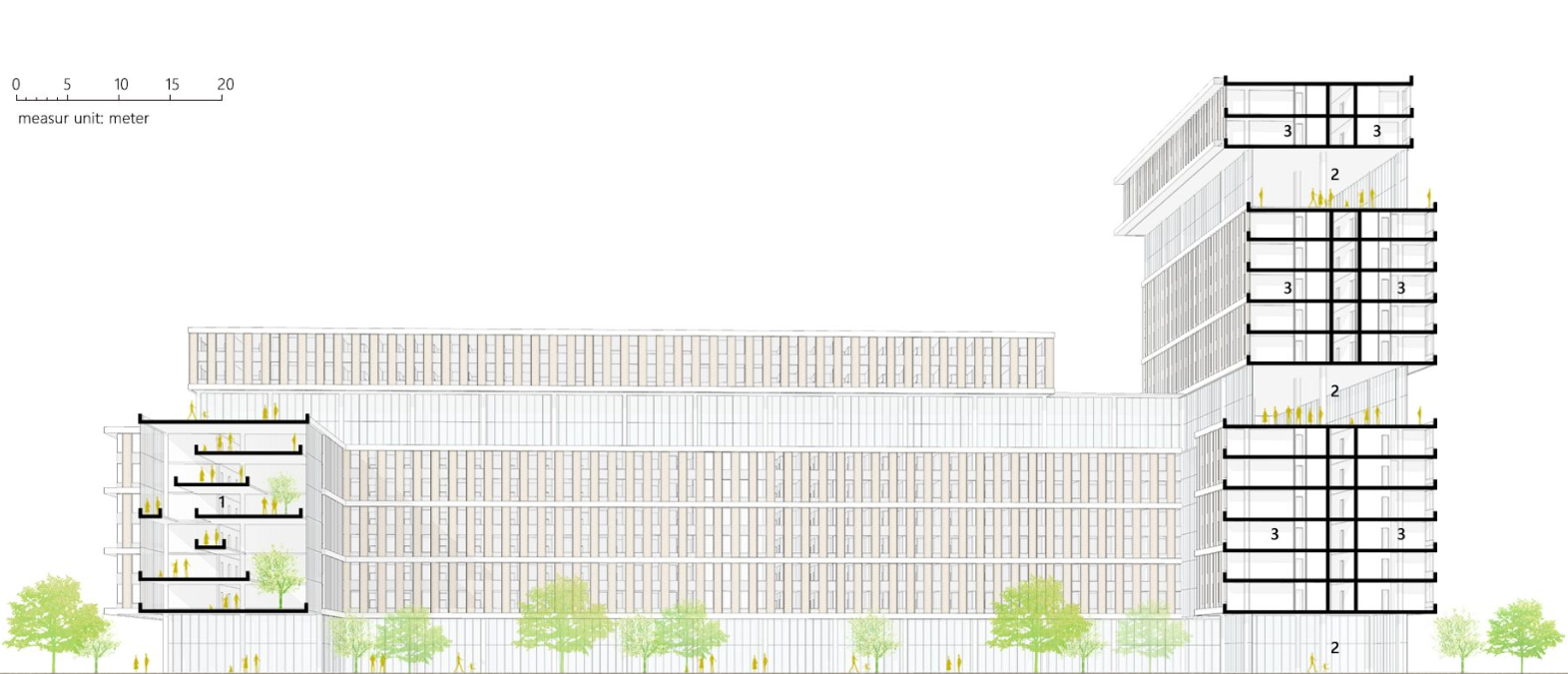 Sectional view illustrating the seamless integration of living, public, and connection spaces, emphasizing vertical and horizontal continuity.