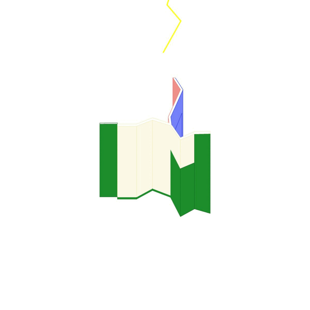 Axonometric drawing showing interlocking folded partitions in cream, green, and red-blue planes