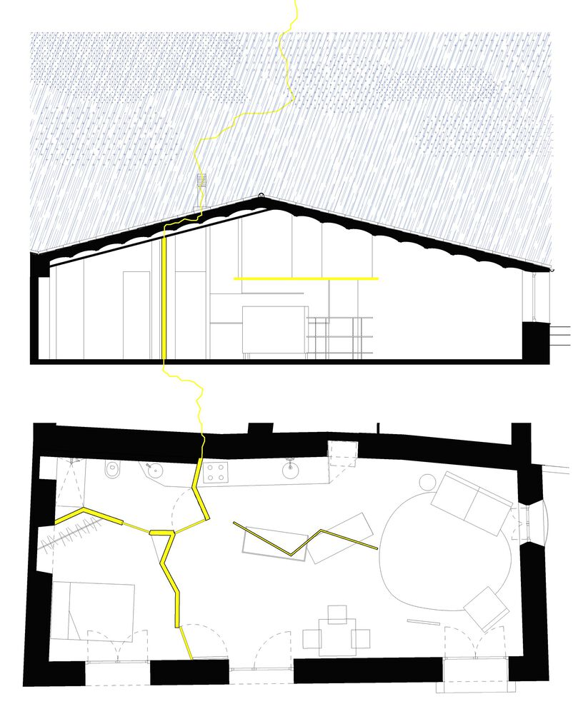 Section and floor plan drawings showing interior layout with curved walls and sloped roof