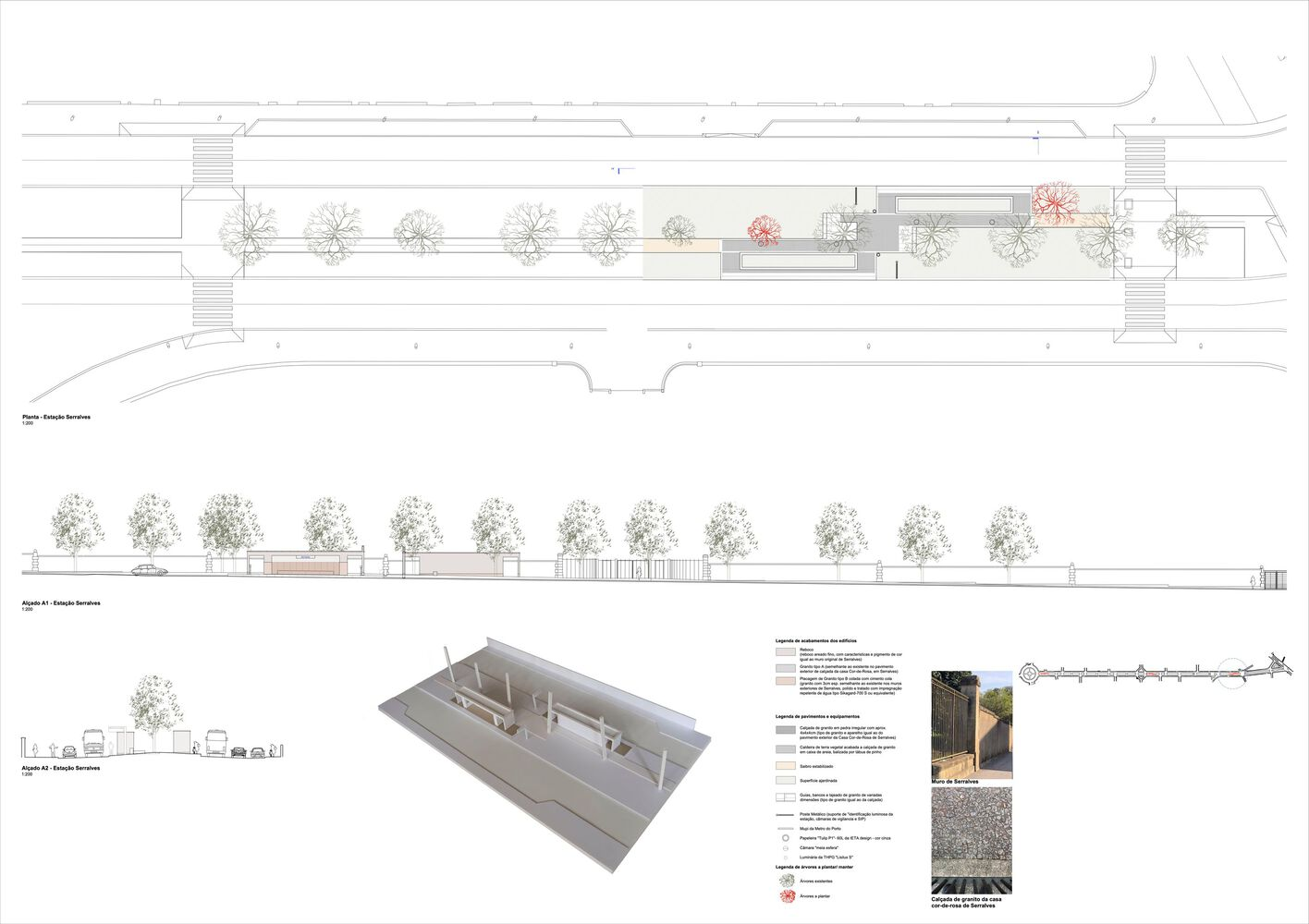 Site plan and elevation drawings showing linear layout with tree canopy and material specifications