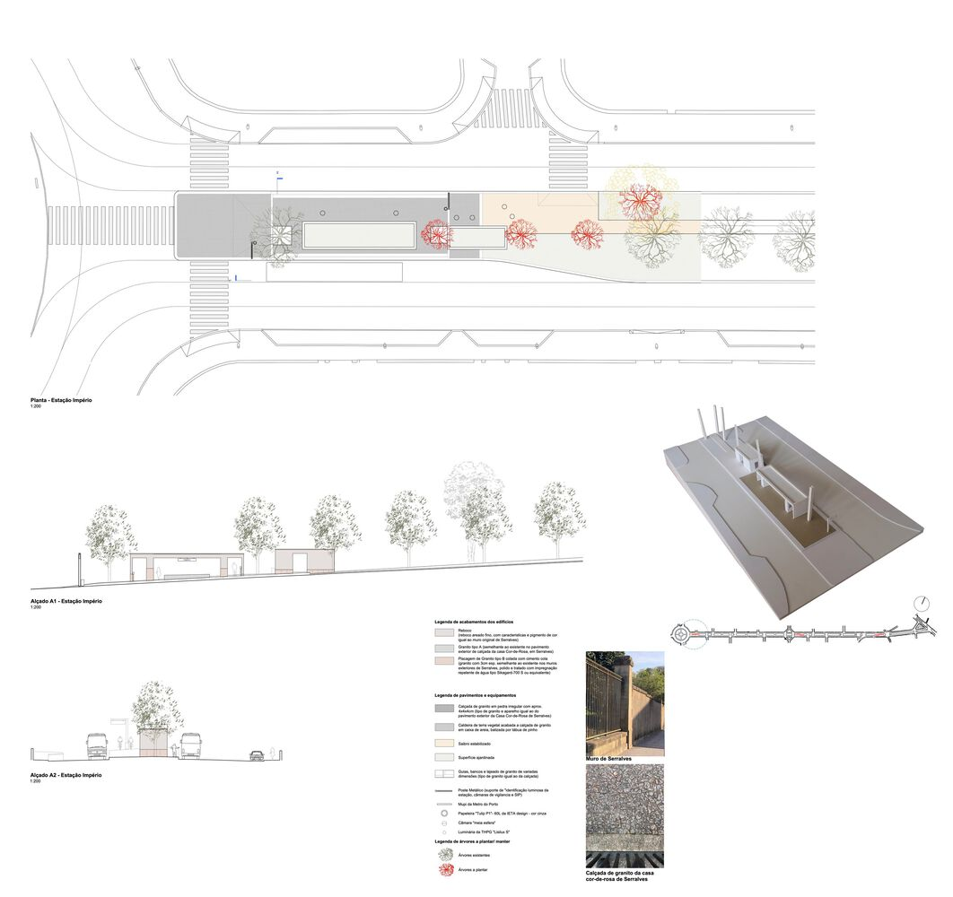 Site plan with elevation and axonometric showing building volume between street trees and paving