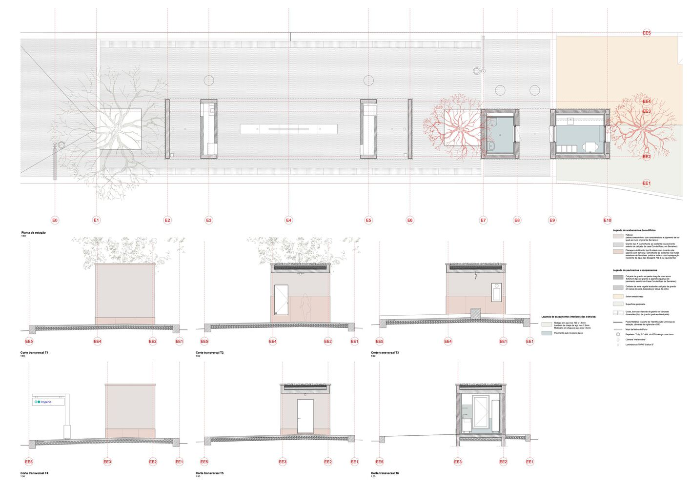 Plan and elevation drawings detailing courtyard spaces with framed openings and planted trees