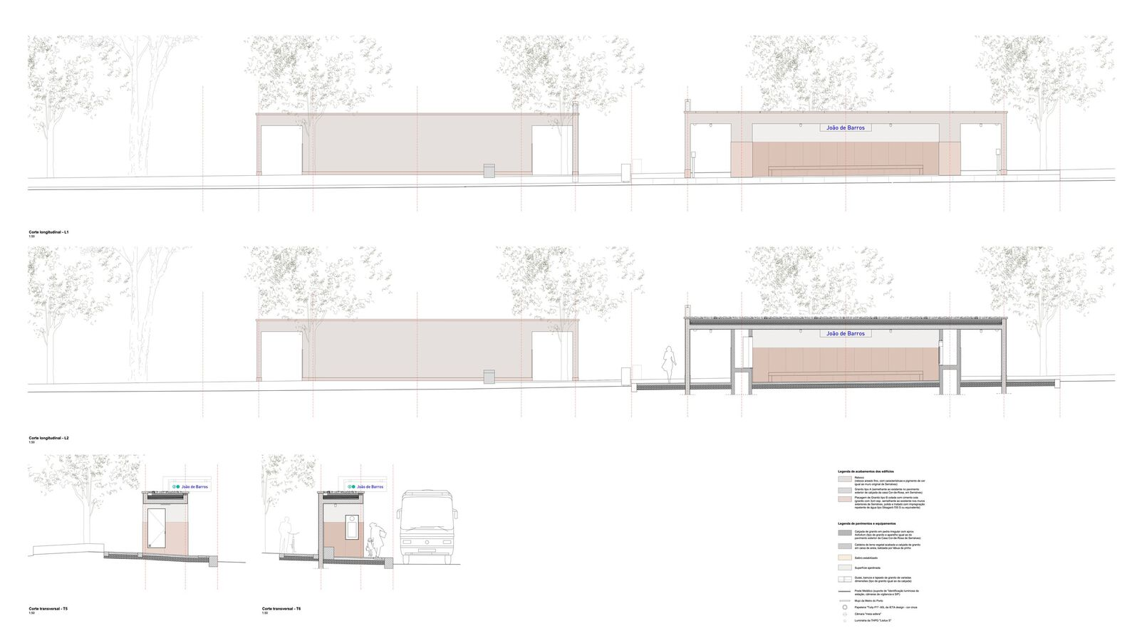 Elevation and section drawings showing pavilion volumes with flat roofs among sketched trees