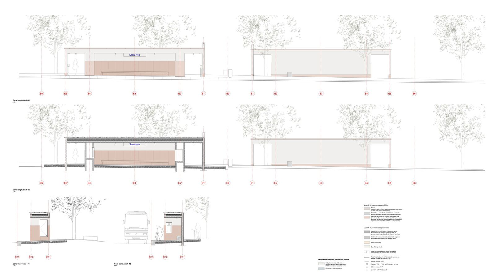Elevation and section drawings showing pavilion modules with overhangs beneath tree canopies