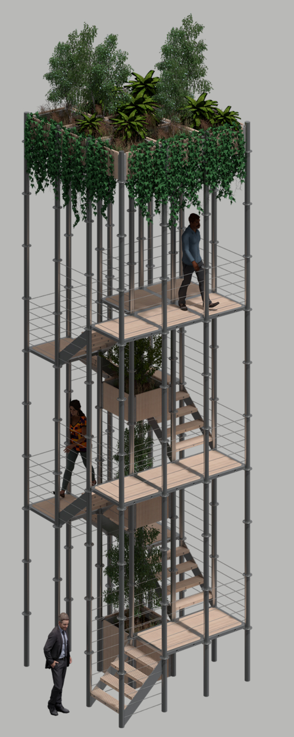 A modular tower blending greenery and observation for a unique urban perspective.