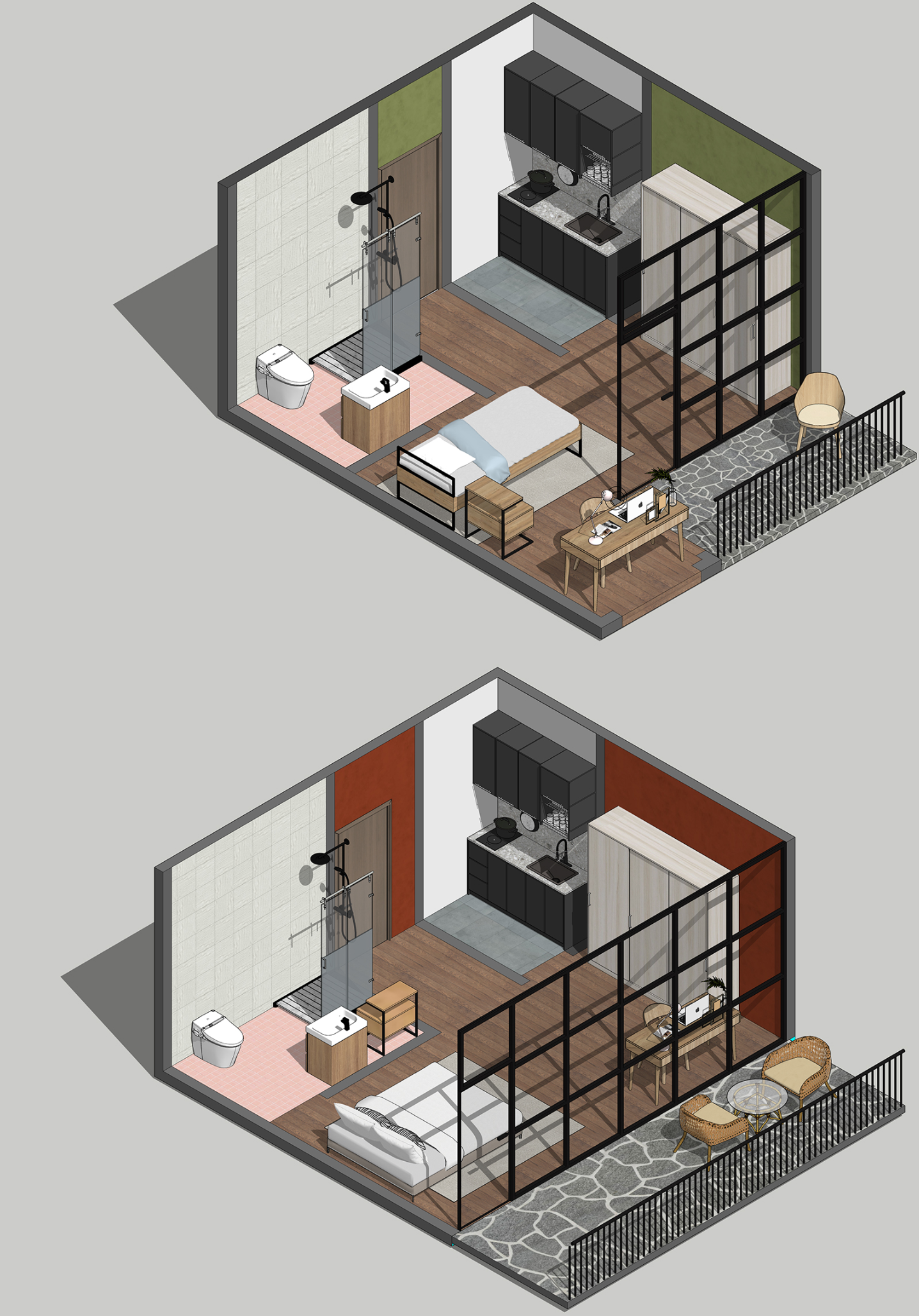 Axonometric drawing showing two studio unit layouts with glass partitions, kitchenettes, and balconies