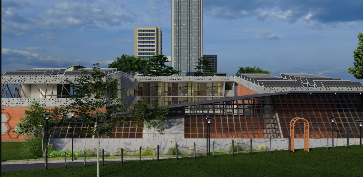 Low-rise building with perforated white canopy, timber louvers, and rooftop gardens under a cloudy sky