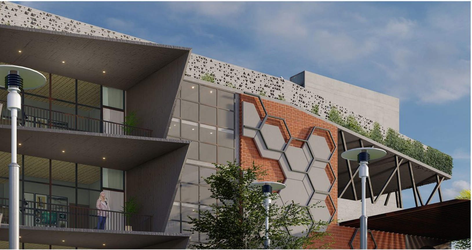 Facade combining balconies, hexagonal terracotta panels, glass curtain wall, and perforated concrete canopy