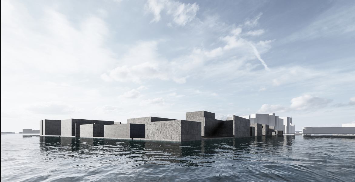 Floating Geometry: An abstract representation of a cityscape blending seamlessly with water.