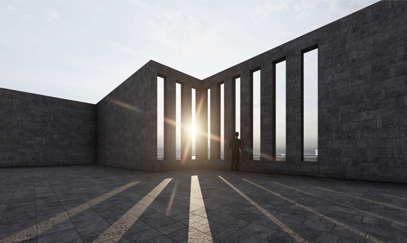 Sunlit Corridor: Rays of sunlight accentuate the spatial depth and architectural textures.