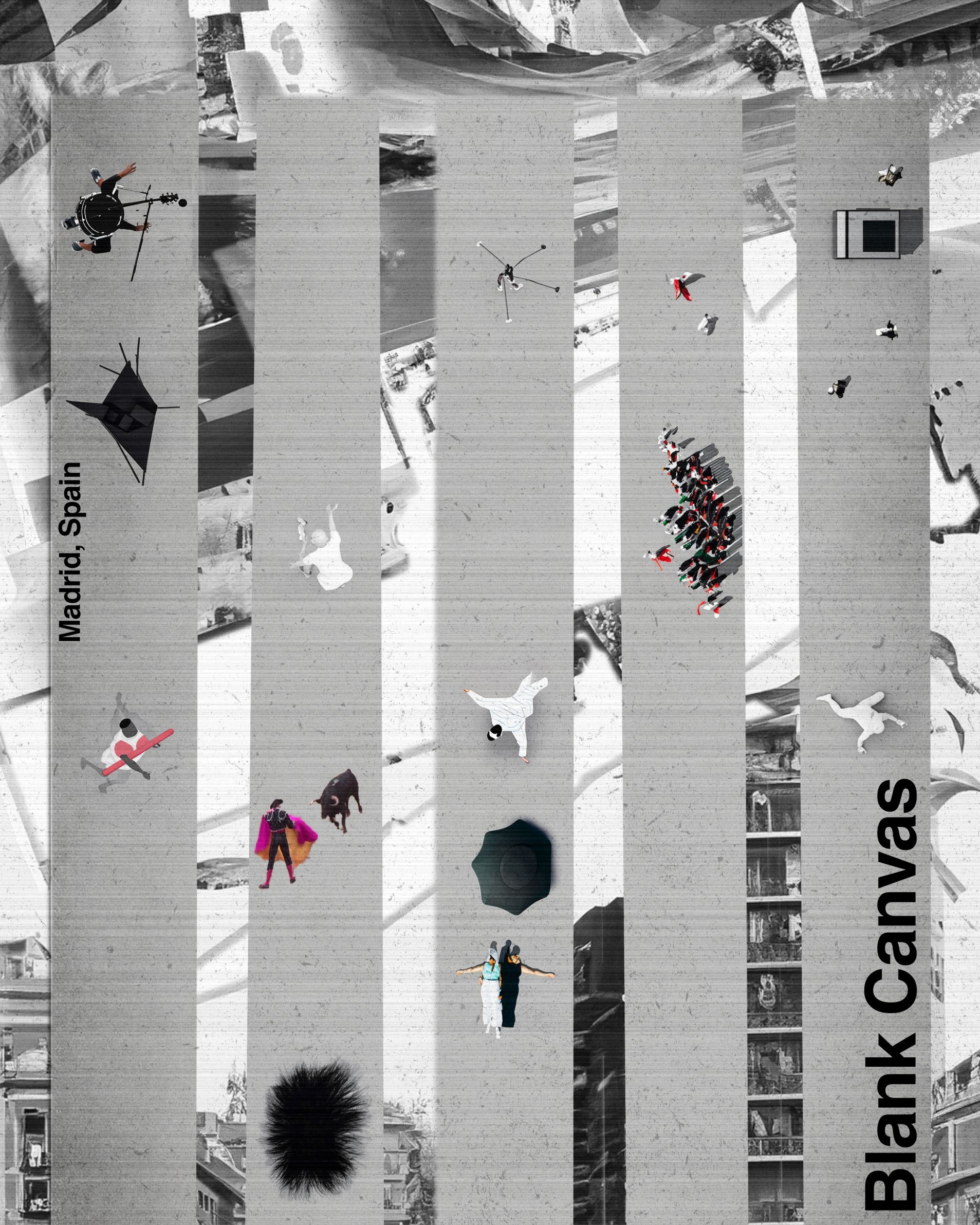 A conceptual representation of urban interaction and artistic expression on the streets of Madrid.