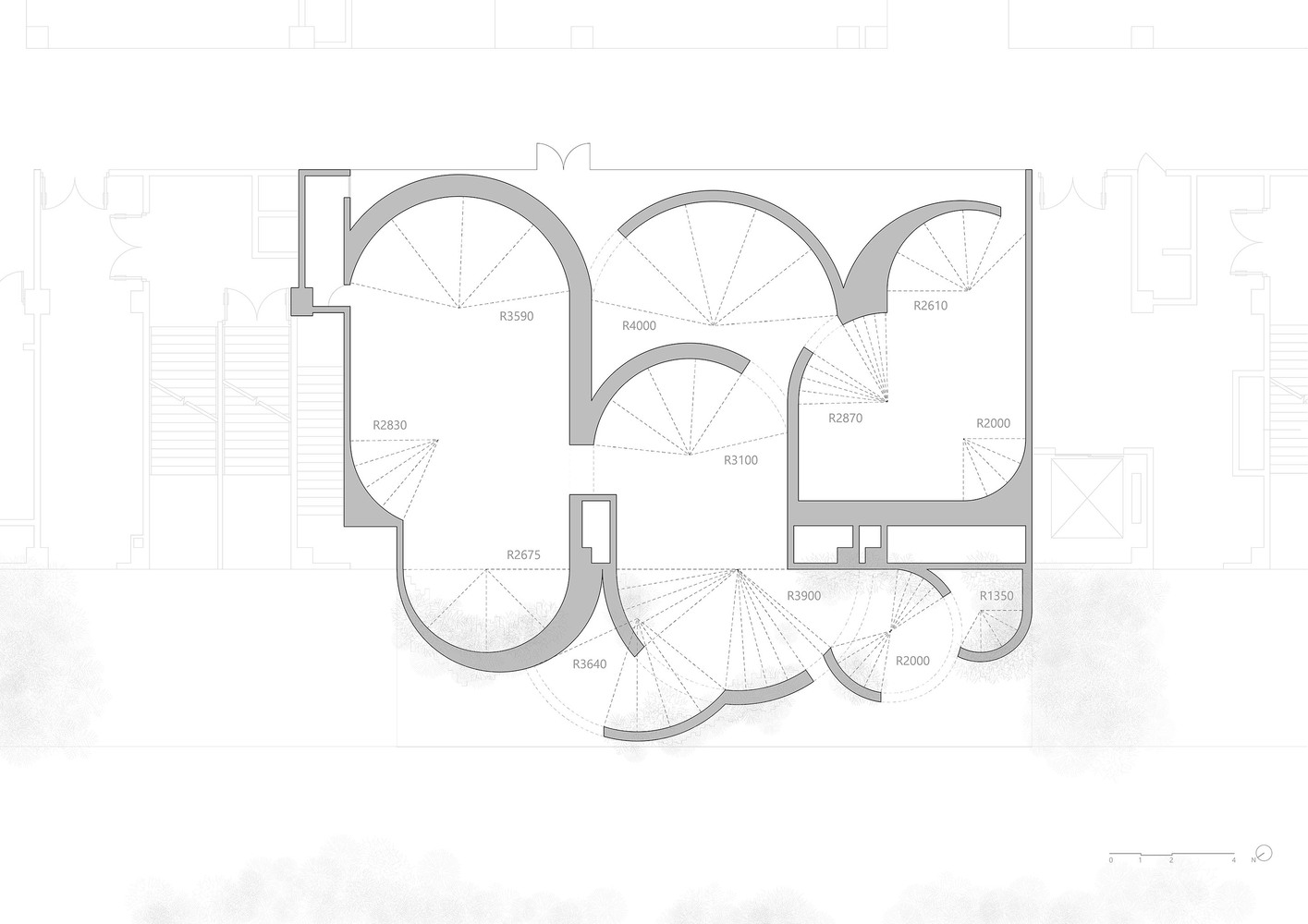 Floor plan drawing with radius dimensions indicating the curved wall geometry