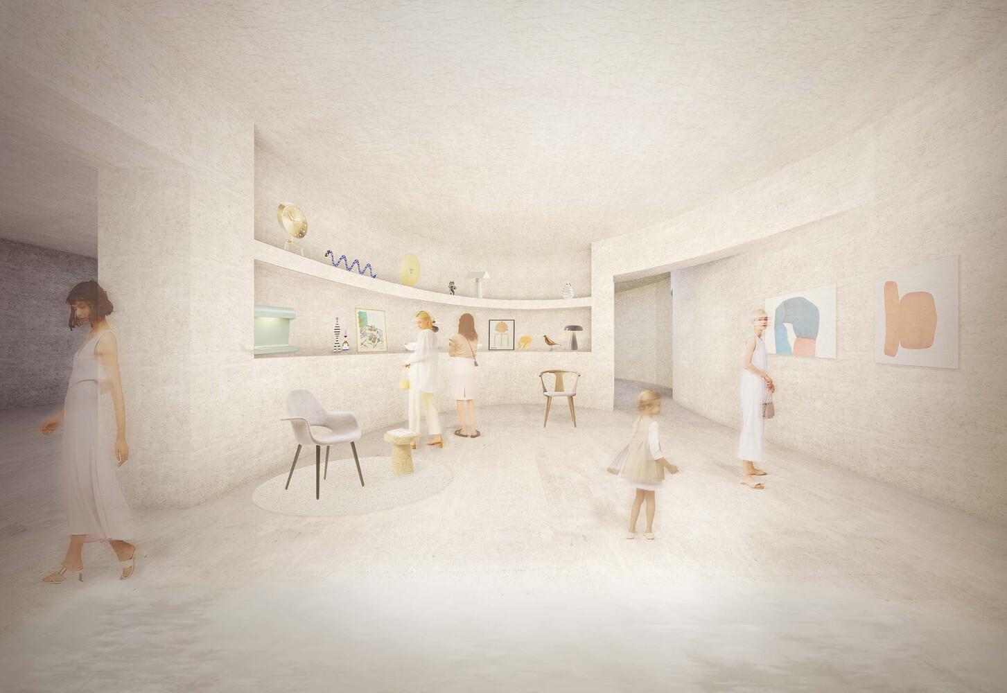 Interior gallery space with vaulted white ceiling, floating shelves, and figures in soft daylight