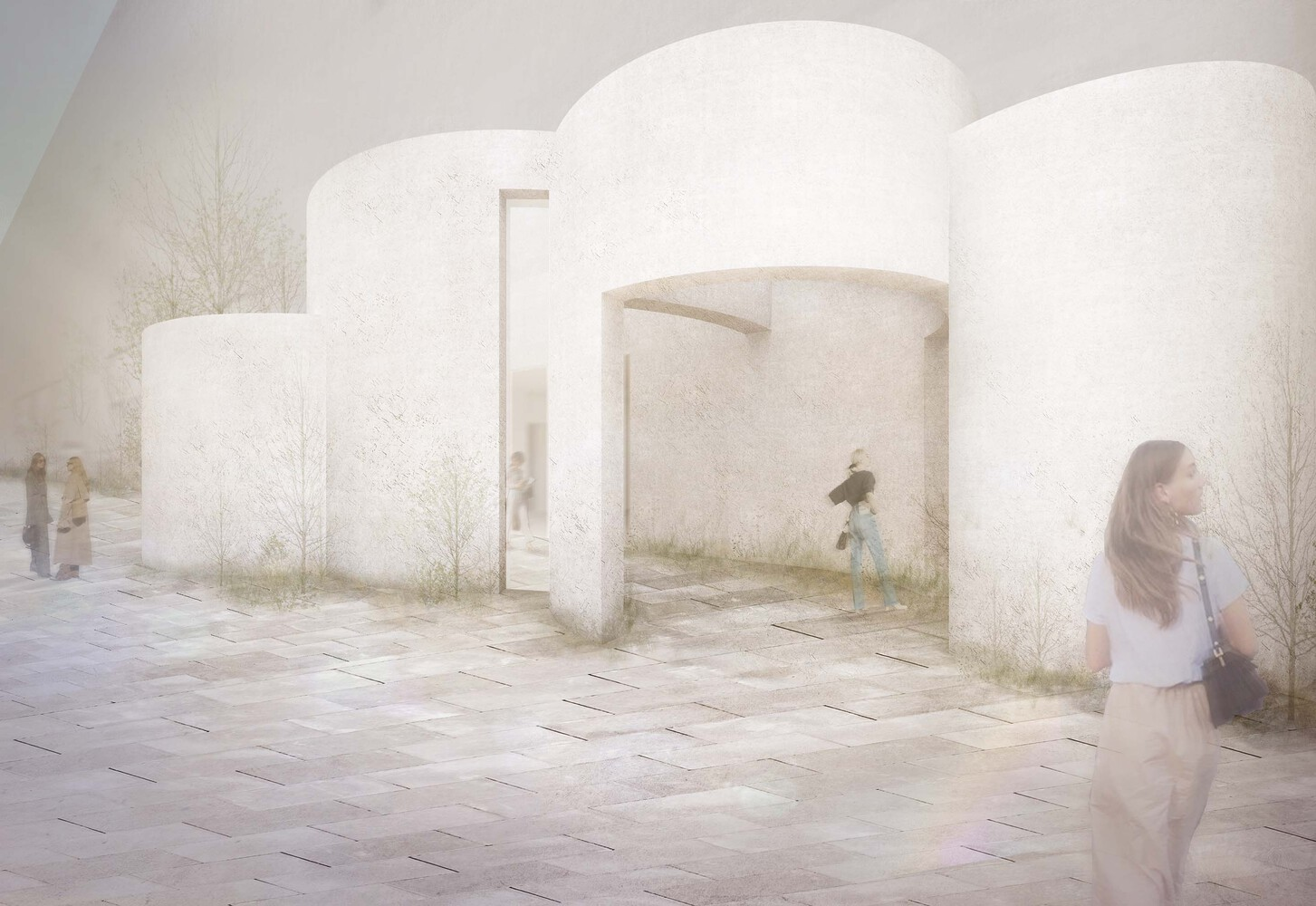 Exterior courtyard with cylindrical white volumes, arched openings, grasses, and misty atmosphere