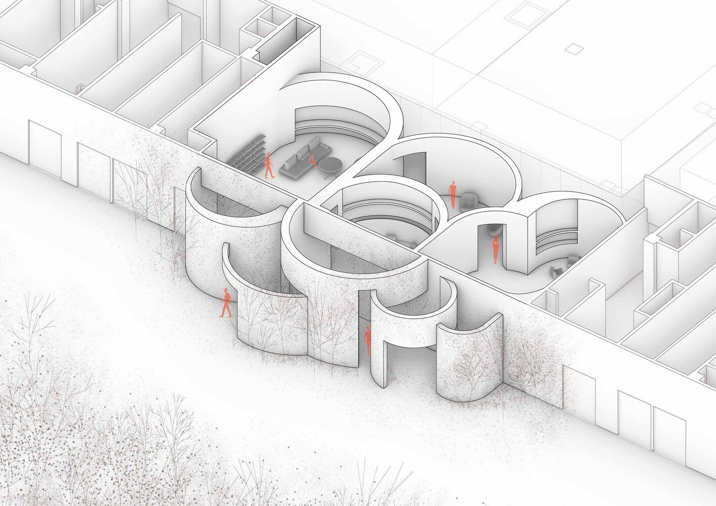 Axonometric drawing showing interconnected circular volumes with interior circulation paths and figures in red