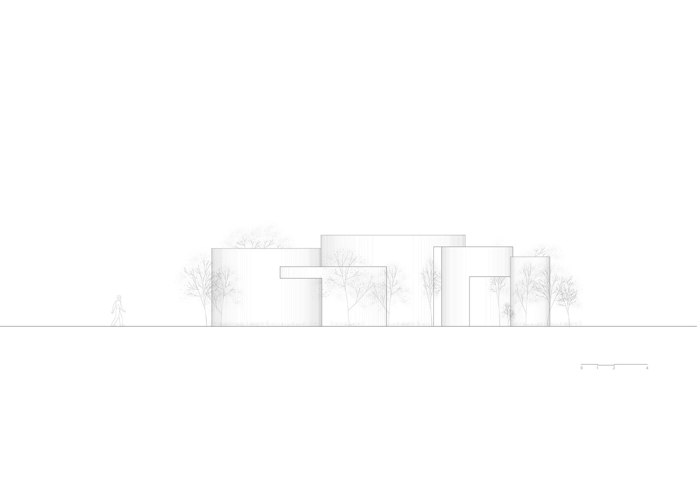 Elevation drawing of rectangular volumes with interspersed trees and a standing figure